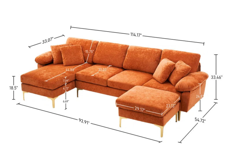 L-Shape Sectional Sofa: 4 - Piece Upholstered Sectional with Ottoman(Orange Velvet)