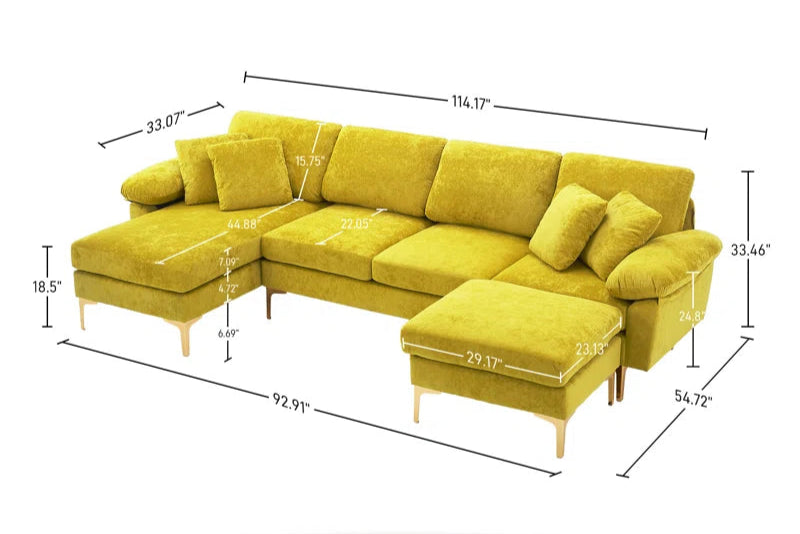 L-Shape Sectional Sofa: 4 - Piece Upholstered Sectional with Ottoman(Yellow Velvet)