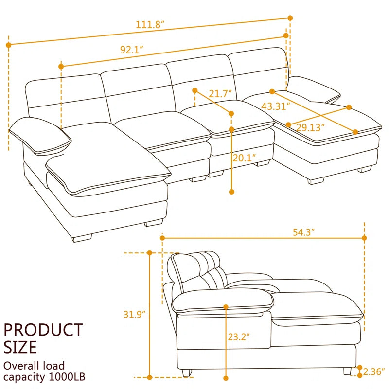 U-shape Sectional Sofa: 111.8'' Upholstered Sofa Chenille U-Shape Cloud couch(White Corduroy)