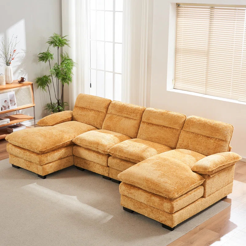 U-shape Sectional Sofa: 111.8'' Upholstery Sofa Chenille U-Shape Cloud couch(Yellow Chenille)