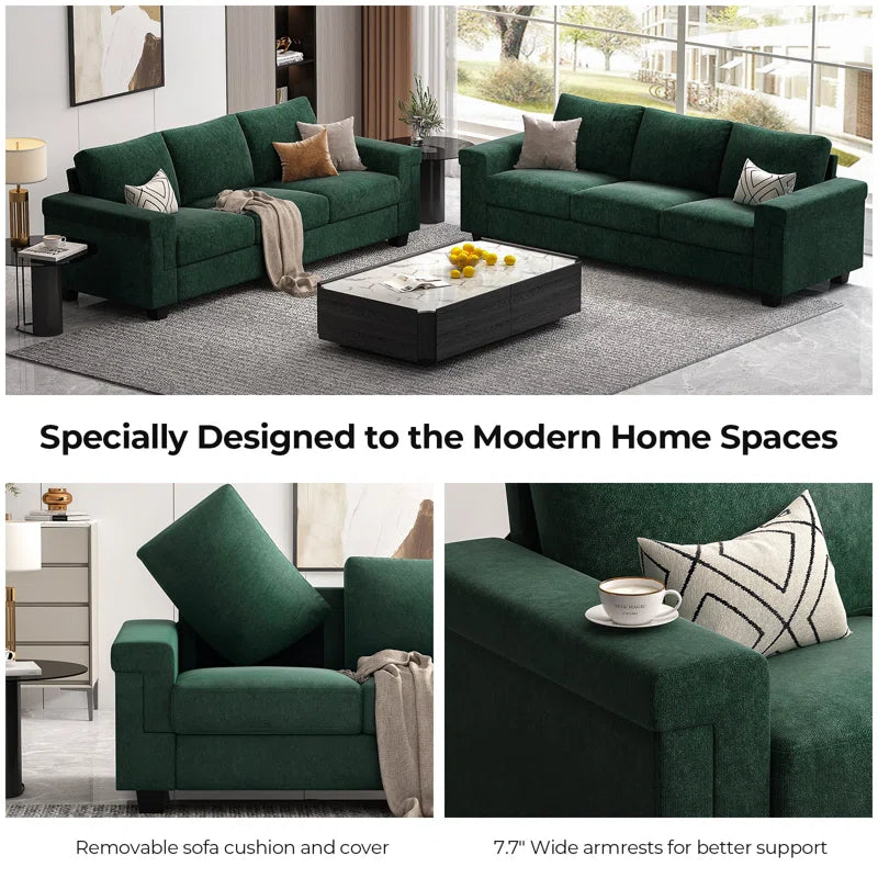 3 Seater Sofa: 90'' Upholstered Sofa Couch for Living Room(Green Polyester)