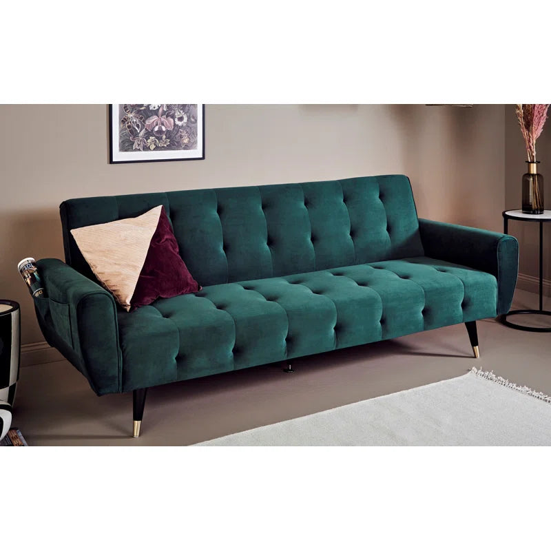 3 Seater Sofa: 83.86" Velvet Square Arm Sleeper Sofa(Opal Green)