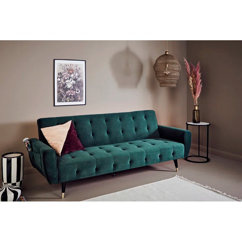 3 Seater Sofa: 83.86" Velvet Square Arm Sleeper Sofa(Opal Green)