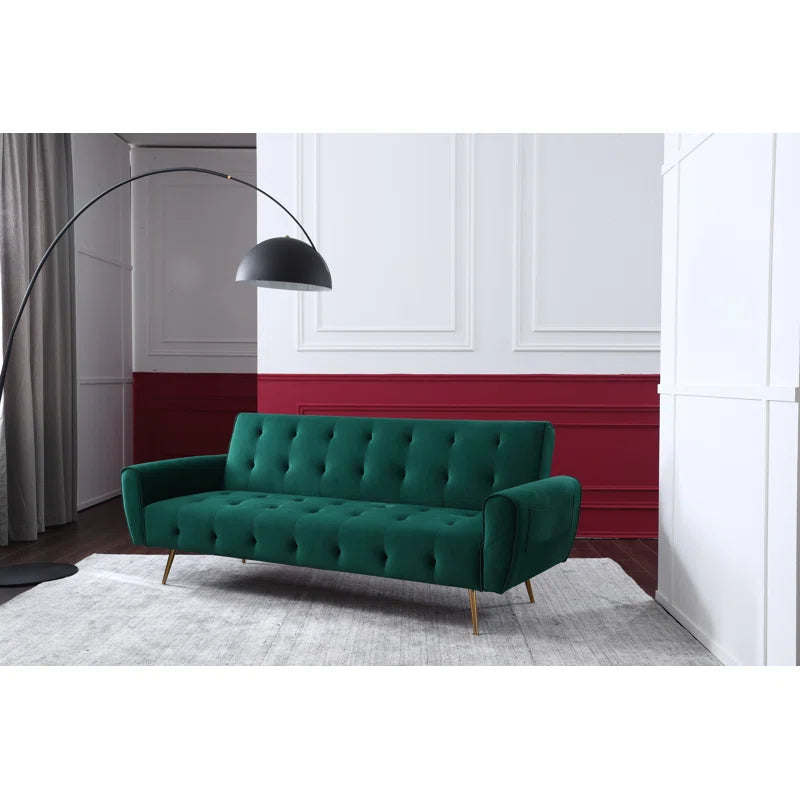 3 Seater Sofa: 83.86" Velvet Square Arm Sleeper Sofa(Opal Green)