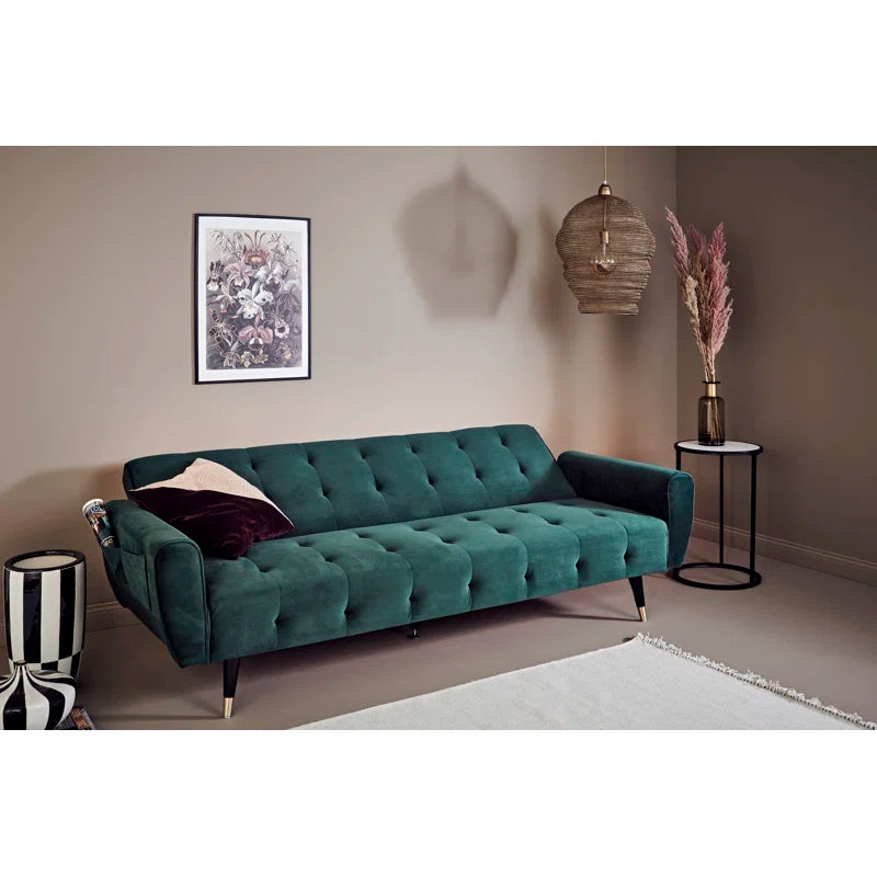 3 Seater Sofa: 83.86" Velvet Square Arm Sleeper Sofa(Opal Green)