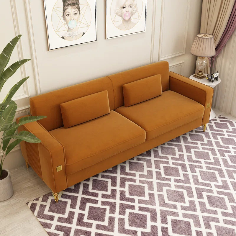 THE CASA ORO® Designer Sofa Set: 85.63" Velvet Square Arm Sofa(Orange Velvet)