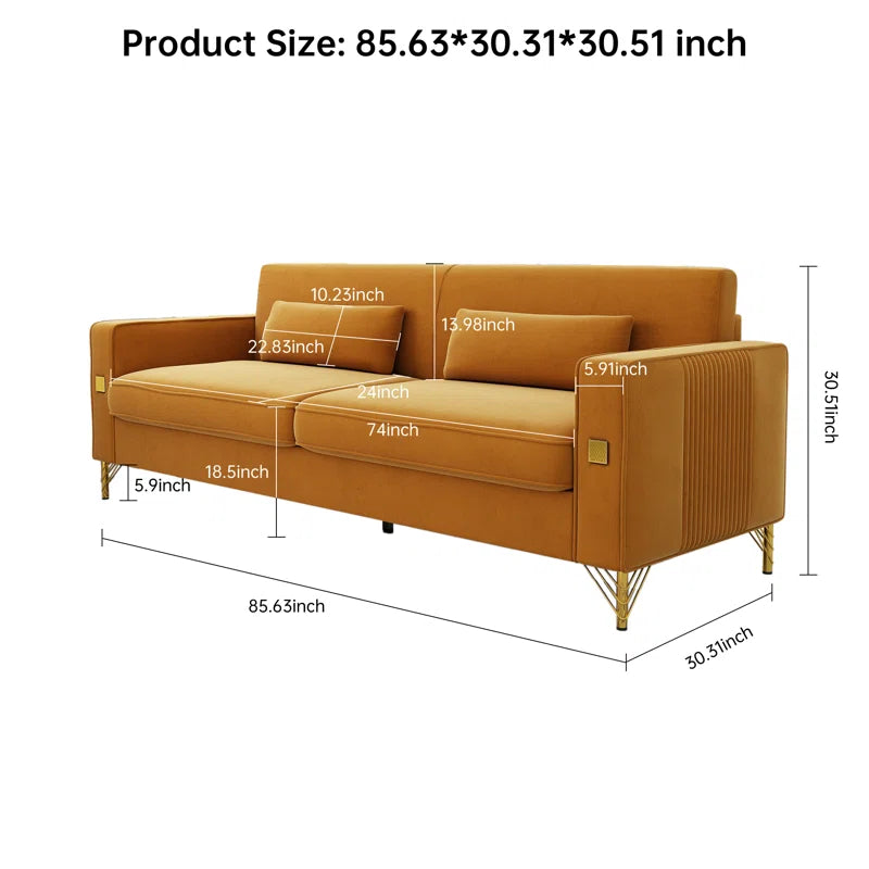 THE CASA ORO® Designer Sofa Set: 85.63" Velvet Square Arm Sofa(Orange Velvet)