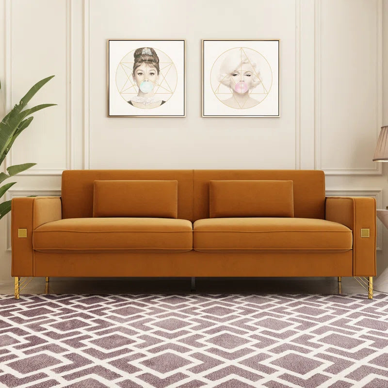 THE CASA ORO® Designer Sofa Set: 85.63" Velvet Square Arm Sofa(Orange Velvet)