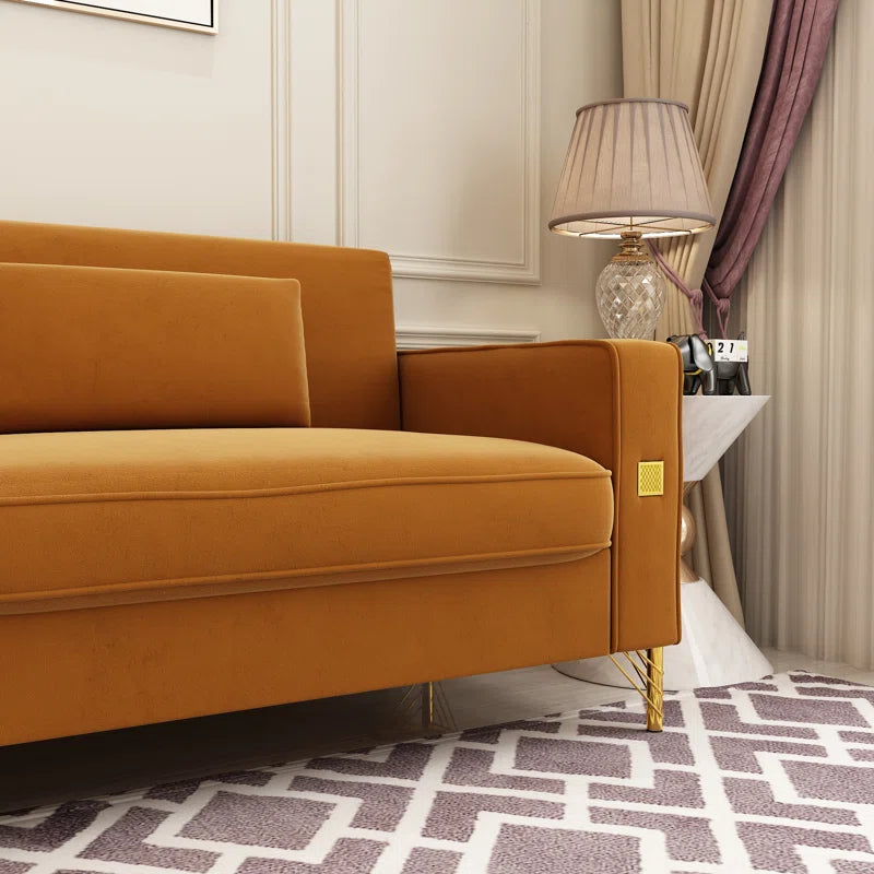 THE CASA ORO® Designer Sofa Set: 85.63" Velvet Square Arm Sofa(Orange Velvet)