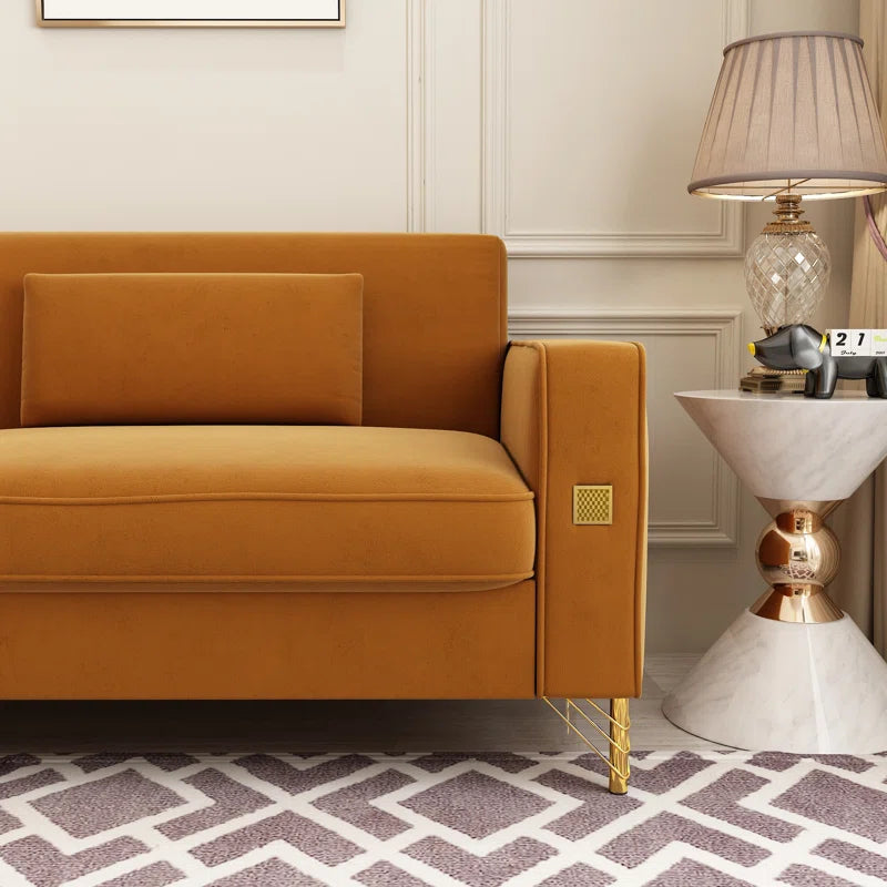 THE CASA ORO® Designer Sofa Set: 85.63" Velvet Square Arm Sofa(Orange Velvet)