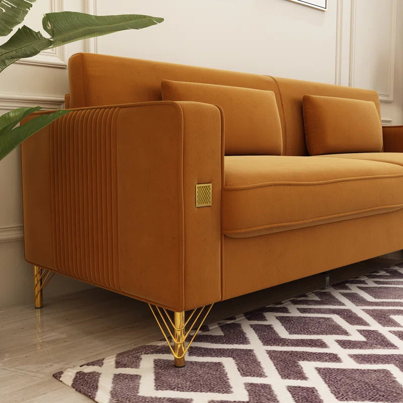 THE CASA ORO® Designer Sofa Set: 85.63" Velvet Square Arm Sofa(Orange Velvet)