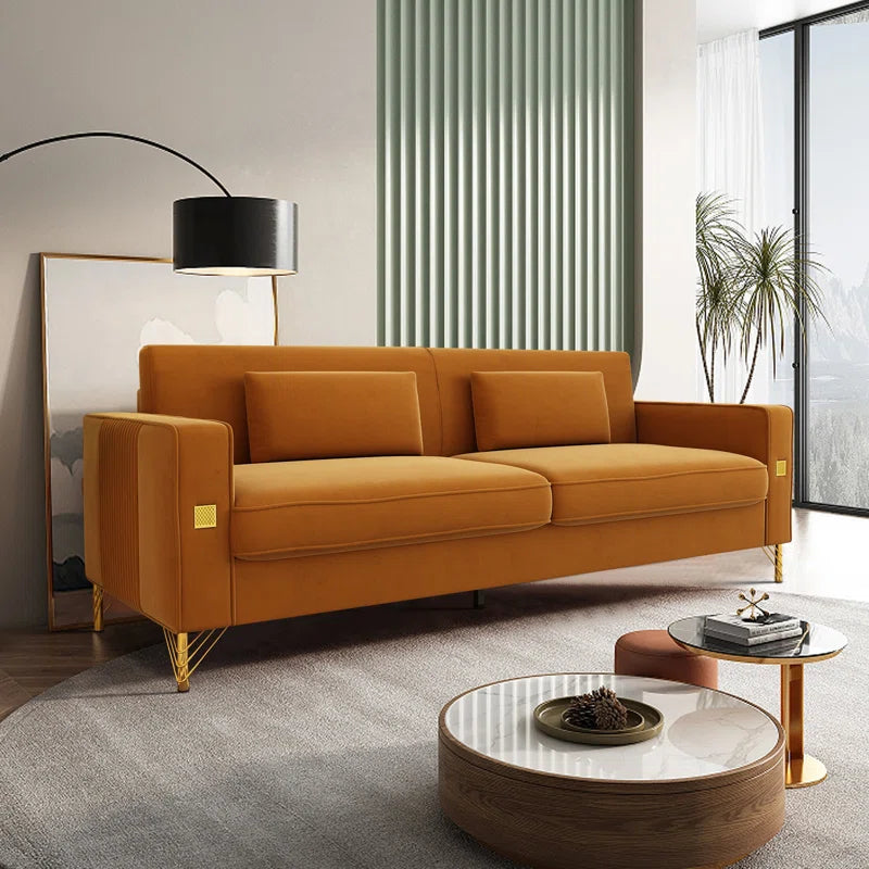 THE CASA ORO® Designer Sofa Set: 85.63" Velvet Square Arm Sofa(Orange Velvet)