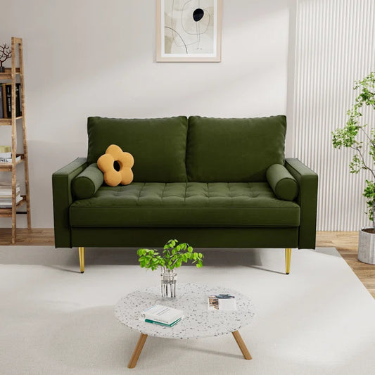 Loveseat: 58" Velvet Square Arms Tufted Seat Golden Metal Feet Loveseat(Olive Green Velvet)