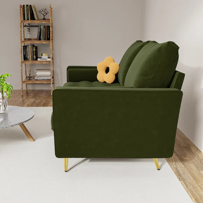 Loveseat: 58" Velvet Square Arms Tufted Seat Golden Metal Feet Loveseat(Olive Green Velvet)