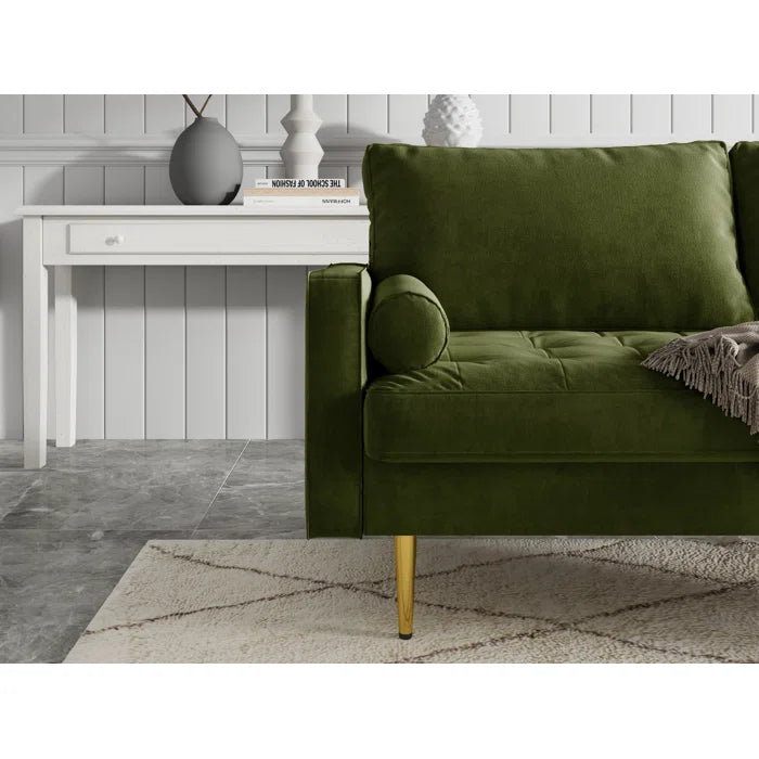 Loveseat: 58" Velvet Square Arms Tufted Seat Golden Metal Feet Loveseat(Olive Green Velvet)