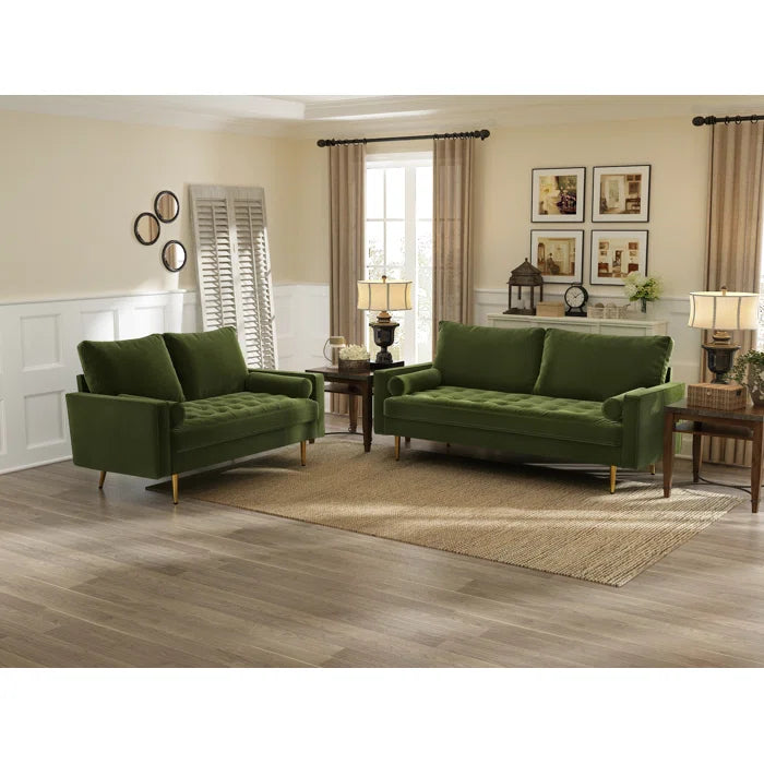 Loveseat: 58" Velvet Square Arms Tufted Seat Golden Metal Feet Loveseat(Olive Green Velvet)