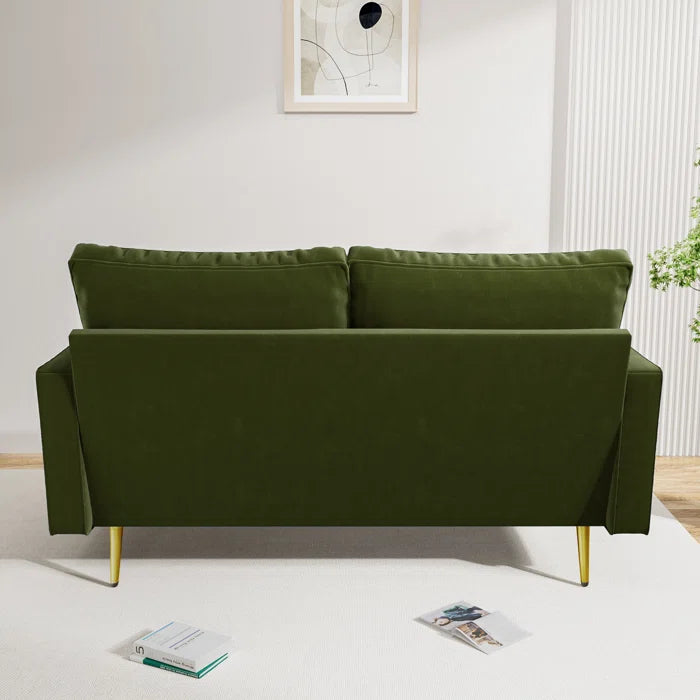 Loveseat: 58" Velvet Square Arms Tufted Seat Golden Metal Feet Loveseat(Olive Green Velvet)