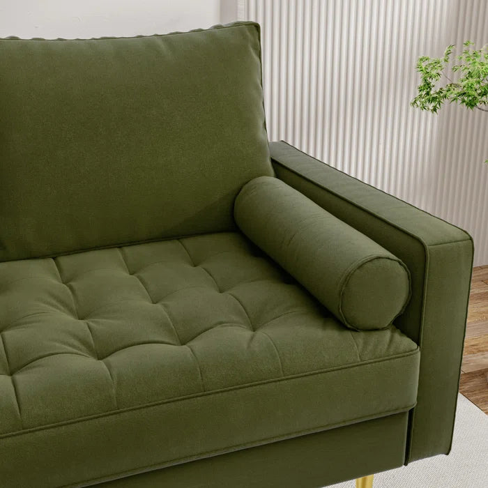 Loveseat: 58" Velvet Square Arms Tufted Seat Golden Metal Feet Loveseat(Olive Green Velvet)