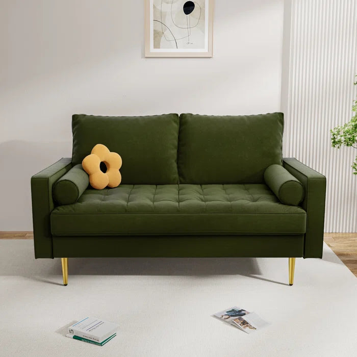 Loveseat: 58" Velvet Square Arms Tufted Seat Golden Metal Feet Loveseat(Olive Green Velvet)