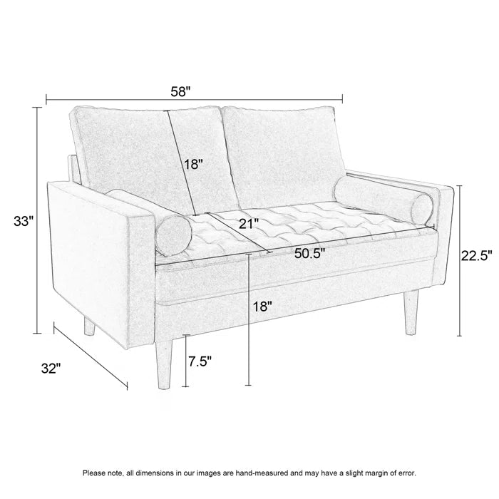 Loveseat: 58" Velvet Square Arms Tufted Seat Golden Metal Feet Loveseat(Olive Green Velvet)