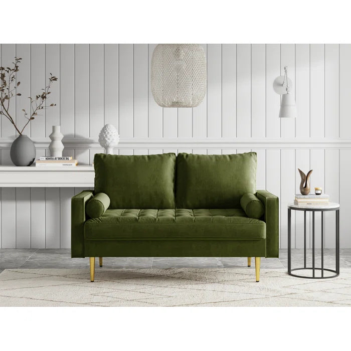 Loveseat: 58" Velvet Square Arms Tufted Seat Golden Metal Feet Loveseat(Olive Green Velvet)