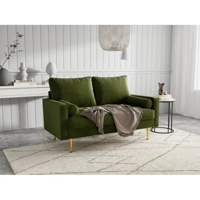 Loveseat: 58" Velvet Square Arms Tufted Seat Golden Metal Feet Loveseat(Olive Green Velvet)
