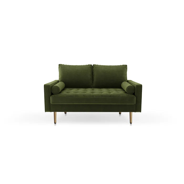 Loveseat: 58" Velvet Square Arms Tufted Seat Golden Metal Feet Loveseat(Olive Green Velvet)