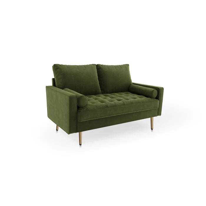Loveseat: 58" Velvet Square Arms Tufted Seat Golden Metal Feet Loveseat(Olive Green Velvet)