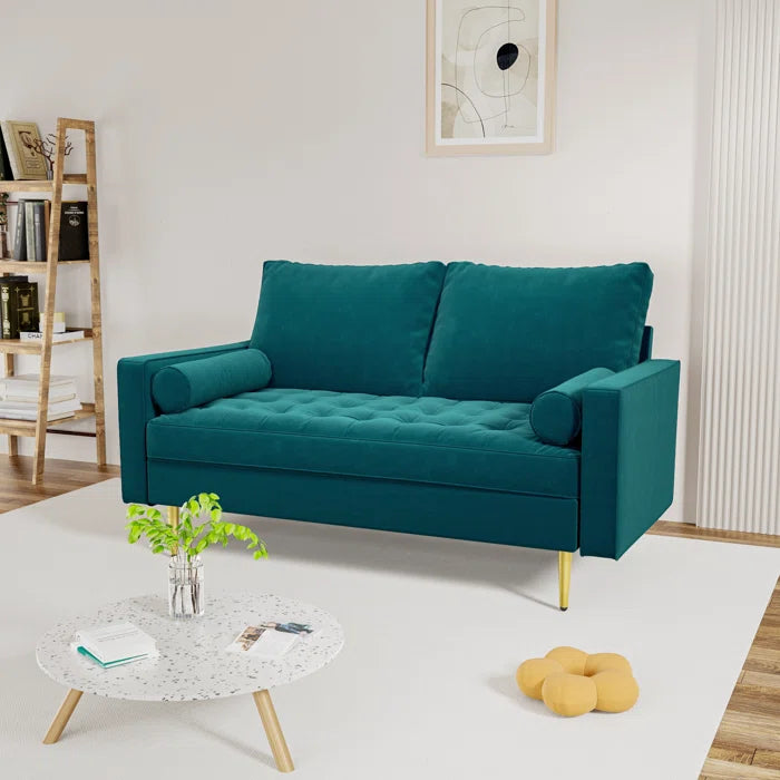 2 Seater Sofa: 58" Velvet Square Arms Tufted Seat Golden Metal Feet Loveseat(Teal Blue Velvet)