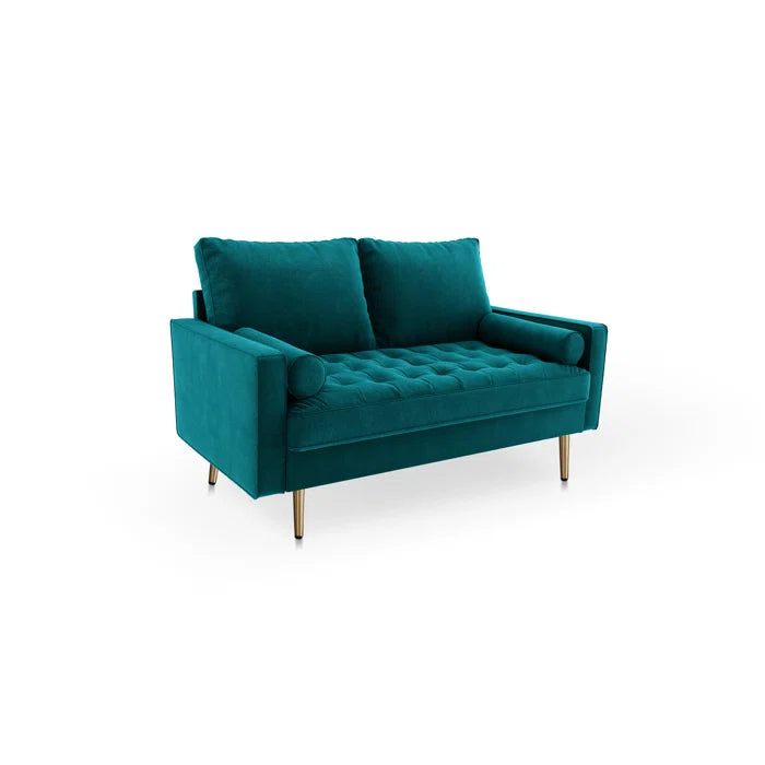2 Seater Sofa: 58" Velvet Square Arms Tufted Seat Golden Metal Feet Loveseat(Teal Blue Velvet)