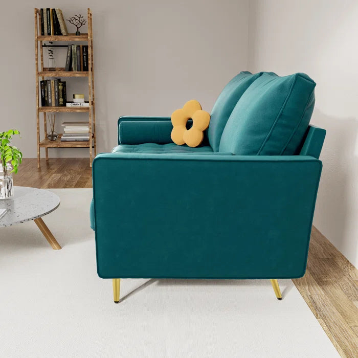 2 Seater Sofa: 58" Velvet Square Arms Tufted Seat Golden Metal Feet Loveseat(Teal Blue Velvet)