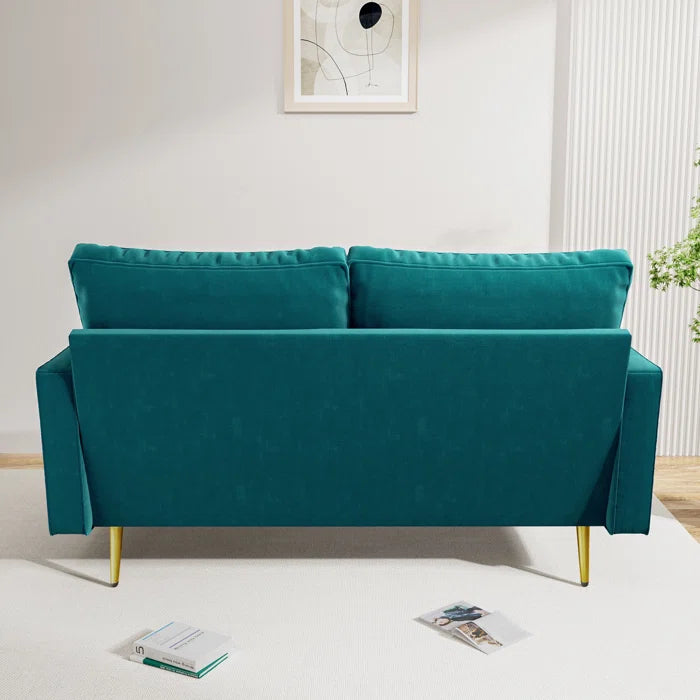 2 Seater Sofa: 58" Velvet Square Arms Tufted Seat Golden Metal Feet Loveseat(Teal Blue Velvet)