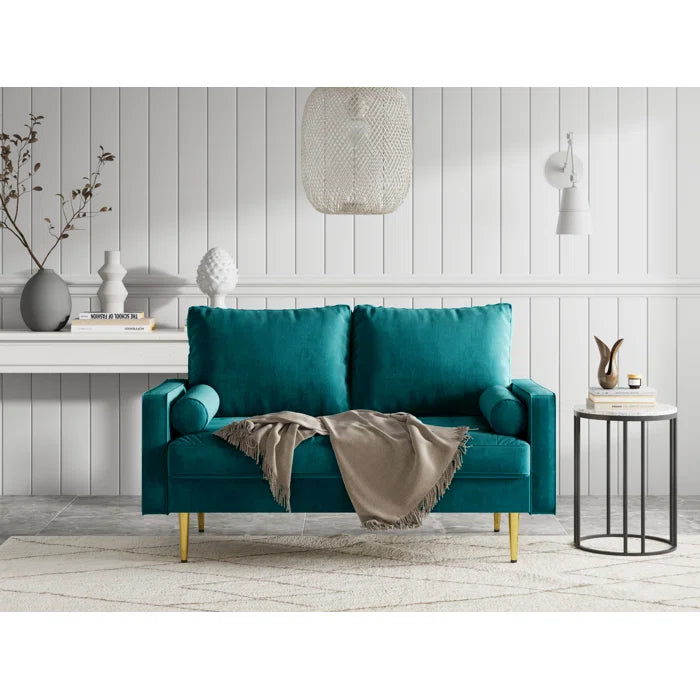 2 Seater Sofa: 58" Velvet Square Arms Tufted Seat Golden Metal Feet Loveseat(Teal Blue Velvet)