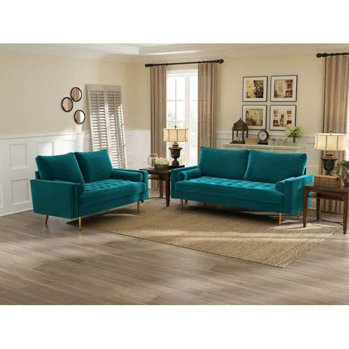 2 Seater Sofa: 58" Velvet Square Arms Tufted Seat Golden Metal Feet Loveseat(Teal Blue Velvet)
