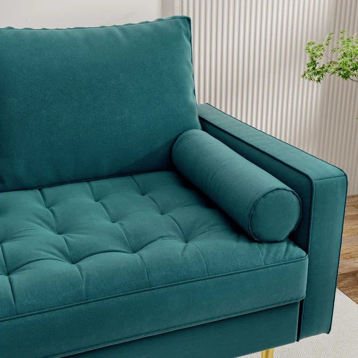 2 Seater Sofa: 58" Velvet Square Arms Tufted Seat Golden Metal Feet Loveseat(Teal Blue Velvet)