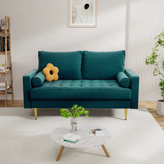 2 Seater Sofa: 58" Velvet Square Arms Tufted Seat Golden Metal Feet Loveseat(Teal Blue Velvet)