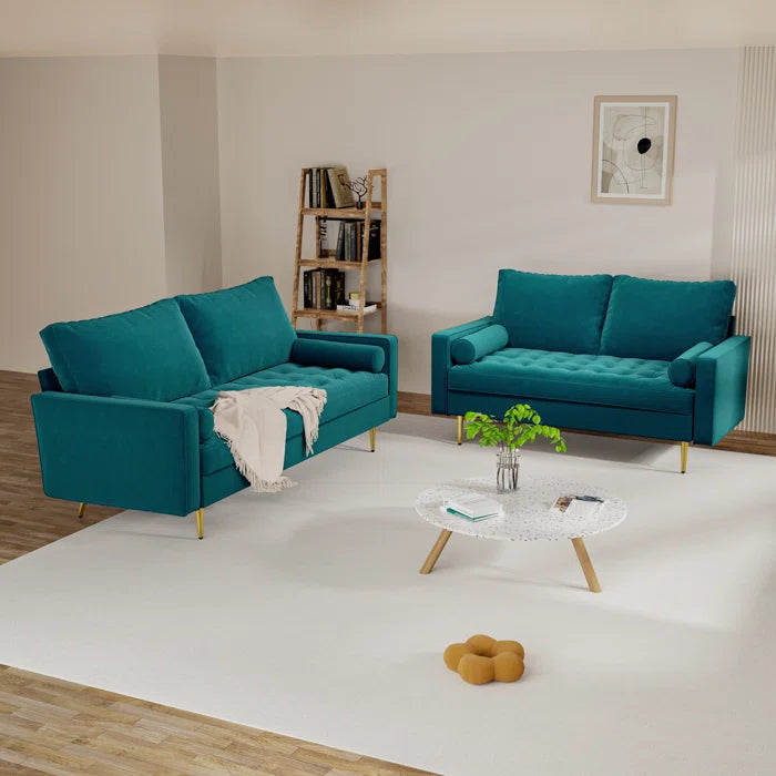2 Seater Sofa: 58" Velvet Square Arms Tufted Seat Golden Metal Feet Loveseat(Teal Blue Velvet)