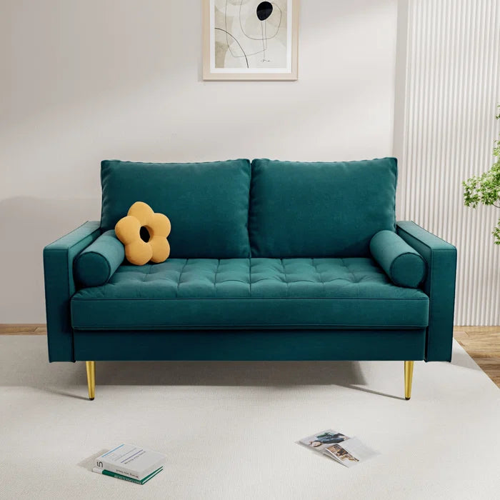 2 Seater Sofa: 58" Velvet Square Arms Tufted Seat Golden Metal Feet Loveseat(Teal Blue Velvet)