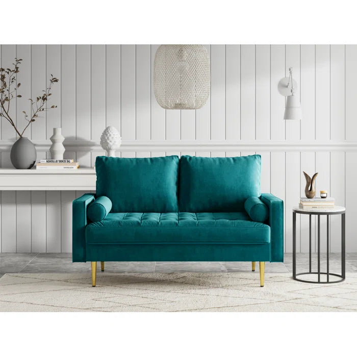 2 Seater Sofa: 58" Velvet Square Arms Tufted Seat Golden Metal Feet Loveseat(Teal Blue Velvet)