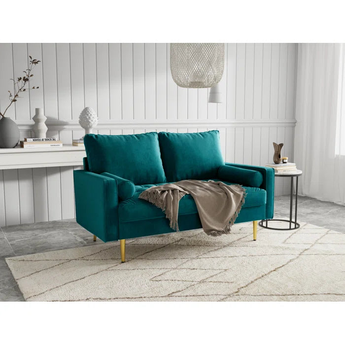 2 Seater Sofa: 58" Velvet Square Arms Tufted Seat Golden Metal Feet Loveseat(Teal Blue Velvet)