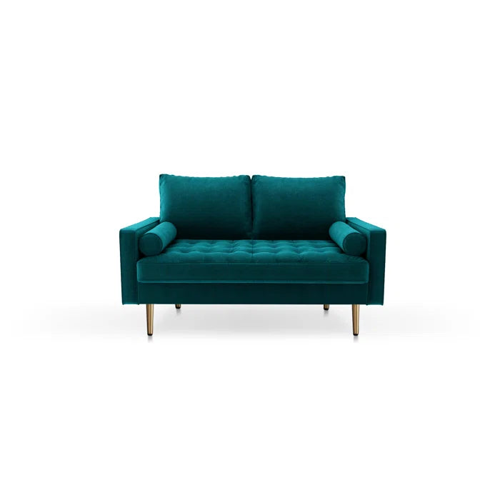 2 Seater Sofa: 58" Velvet Square Arms Tufted Seat Golden Metal Feet Loveseat(Teal Blue Velvet)
