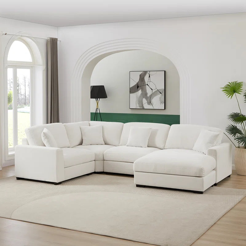 5 Piece Corner Sectional Sofa with Ottoman (White Polyester)