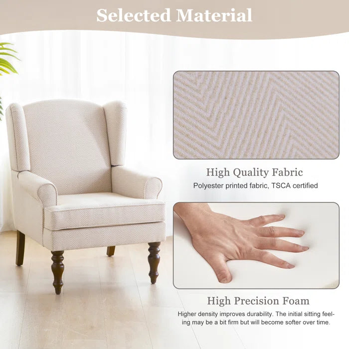 THE CASA ORO® 29'' Wide Blend of Solid and Manufactured Wood Tufted Wing Chair(Beige Polyester Blend)