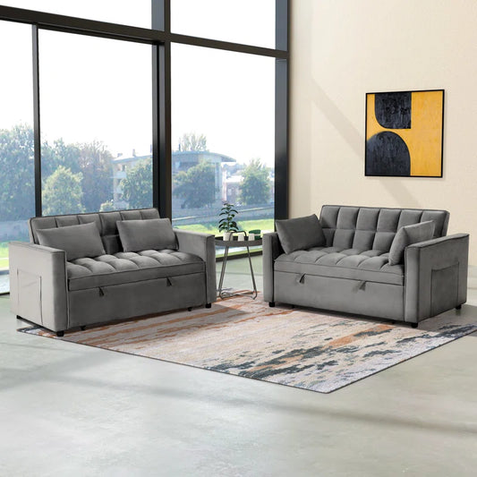 2 Seater Sofa: 55.2'' Wide Convertible Velvet Sleeper Sofa Bed with Reclining Backrest and Throw Pillows(Gray Velvet)