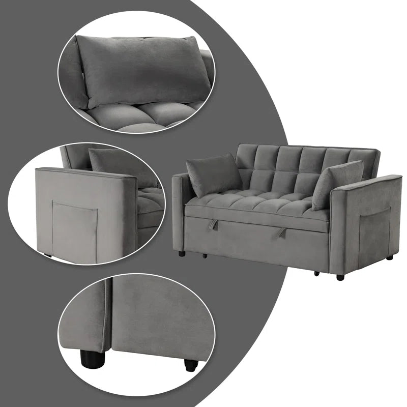 2 Seater Sofa: 55.2'' Wide Convertible Velvet Sleeper Sofa Bed with Reclining Backrest and Throw Pillows(Gray Velvet)