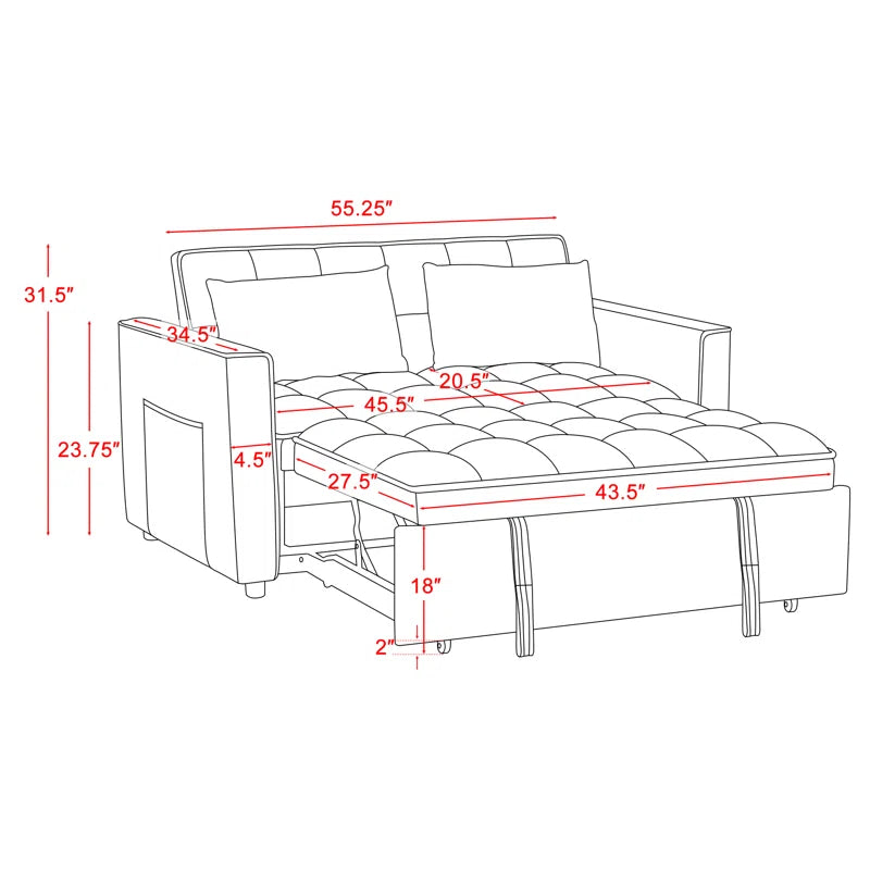 2 Seater Sofa: 55.2'' Wide Convertible Velvet Sleeper Sofa Bed with Reclining Backrest and Throw Pillows(Gray Velvet)