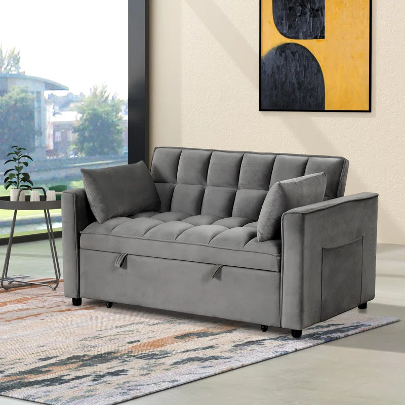 2 Seater Sofa: 55.2'' Wide Convertible Velvet Sleeper Sofa Bed with Reclining Backrest and Throw Pillows(Gray Velvet)