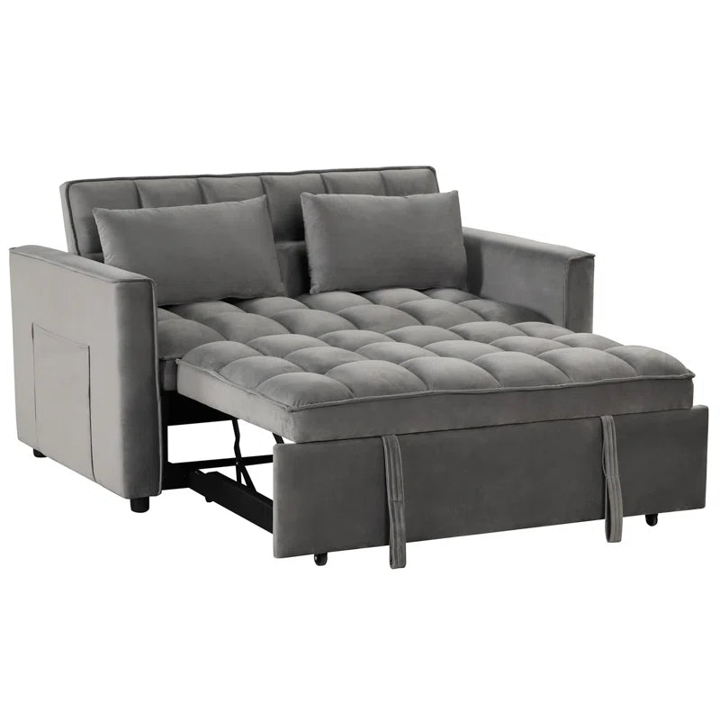 2 Seater Sofa: 55.2'' Wide Convertible Velvet Sleeper Sofa Bed with Reclining Backrest and Throw Pillows(Gray Velvet)