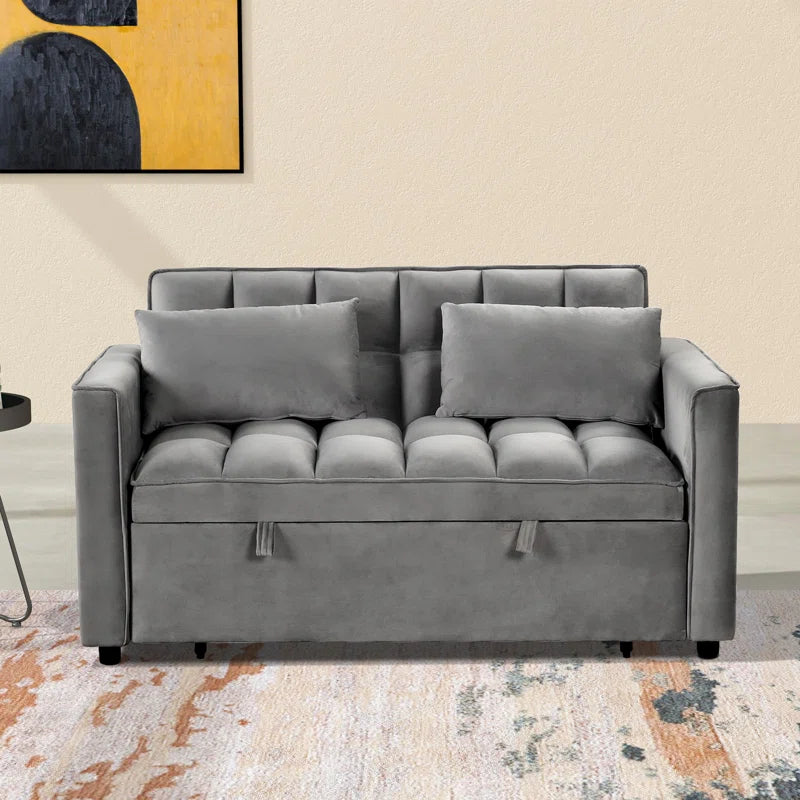 2 Seater Sofa: 55.2'' Wide Convertible Velvet Sleeper Sofa Bed with Reclining Backrest and Throw Pillows(Gray Velvet)