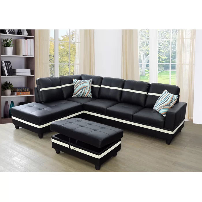 L- Shape Sectional Sofa: 103.5" Wide Faux Leather Sofa & Chaise with ottoman(Black/White)